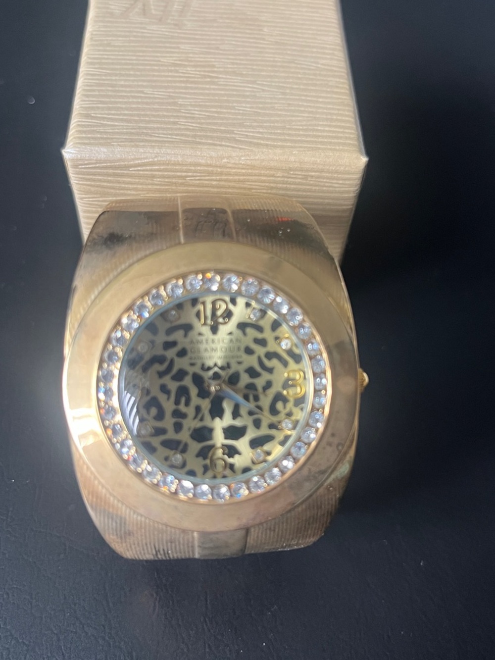 Gold-Tone Leopard Print Crystal Accent Women's Bracelet Watch